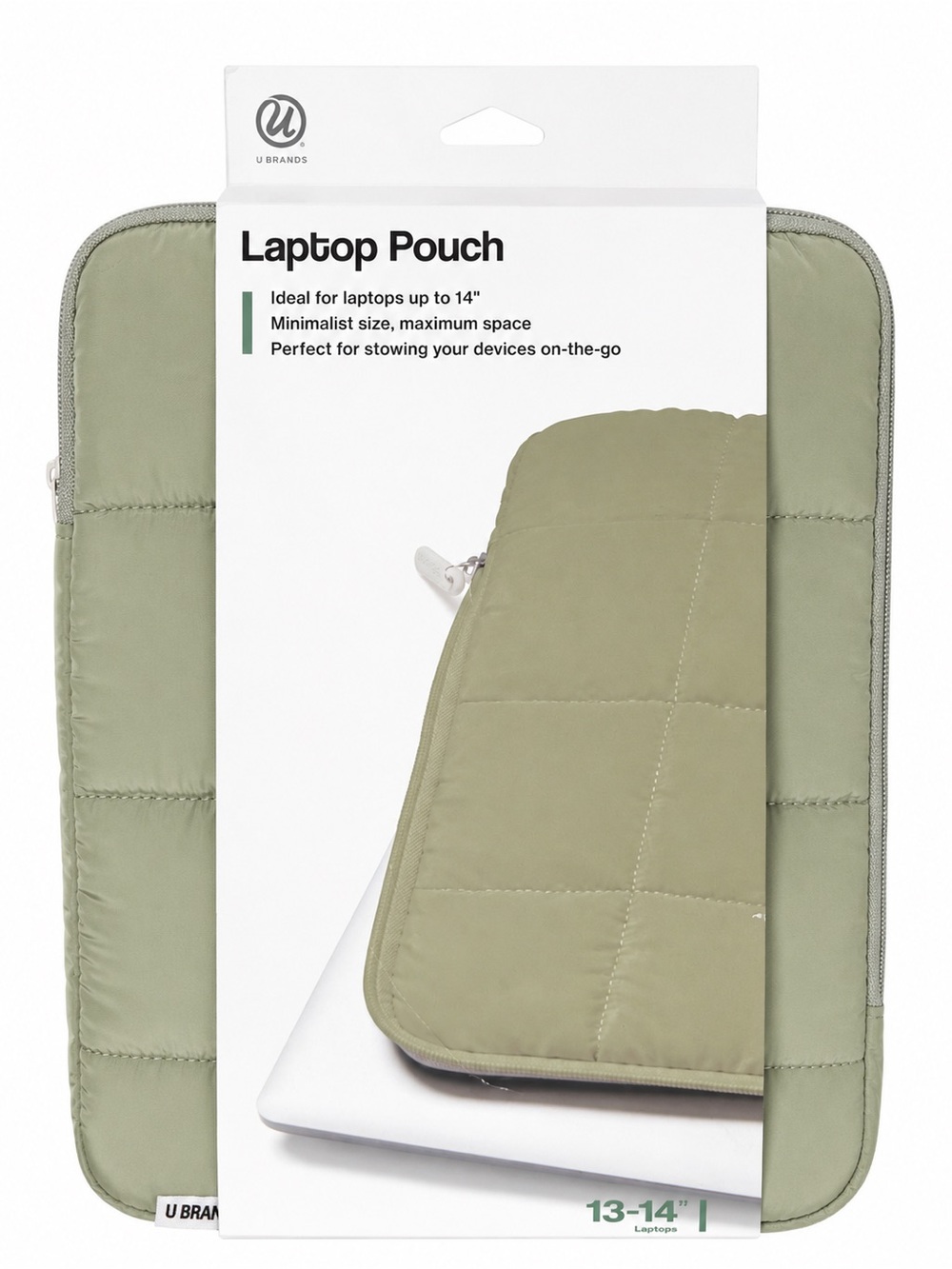 NEW U Brands Sage Green Quilted Laptop Pouch Sleeve 13–14” Padded Zip Case